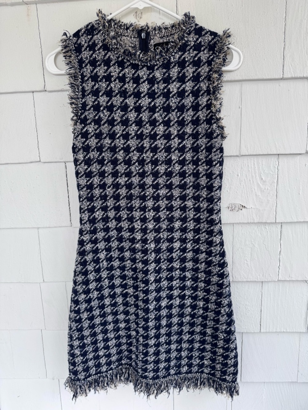 Oscar de la Renta Navy Sequin Houndstooth Sleeveless Tweed Dress size XS